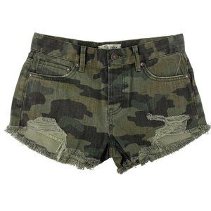 FREE PEOPLE  We the Free Camo Combo Distressed Raw Hem Cutoffs Size 24